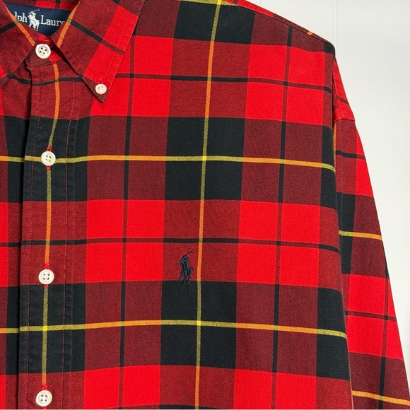 Vintage 90's Men's Ralph LaurenRed Plaid Flannel Oxford Button Down Shirt XL - Picture 7 of 10